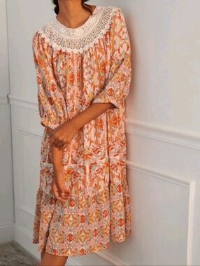 Anthropologie Florence Floral Lace Lounge Dress Cottagecore Cotton Size Large